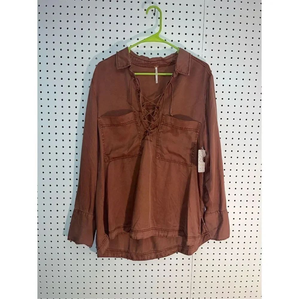 Free People red clay Under Your Spell Lace Up V-Neck Boho Blouse